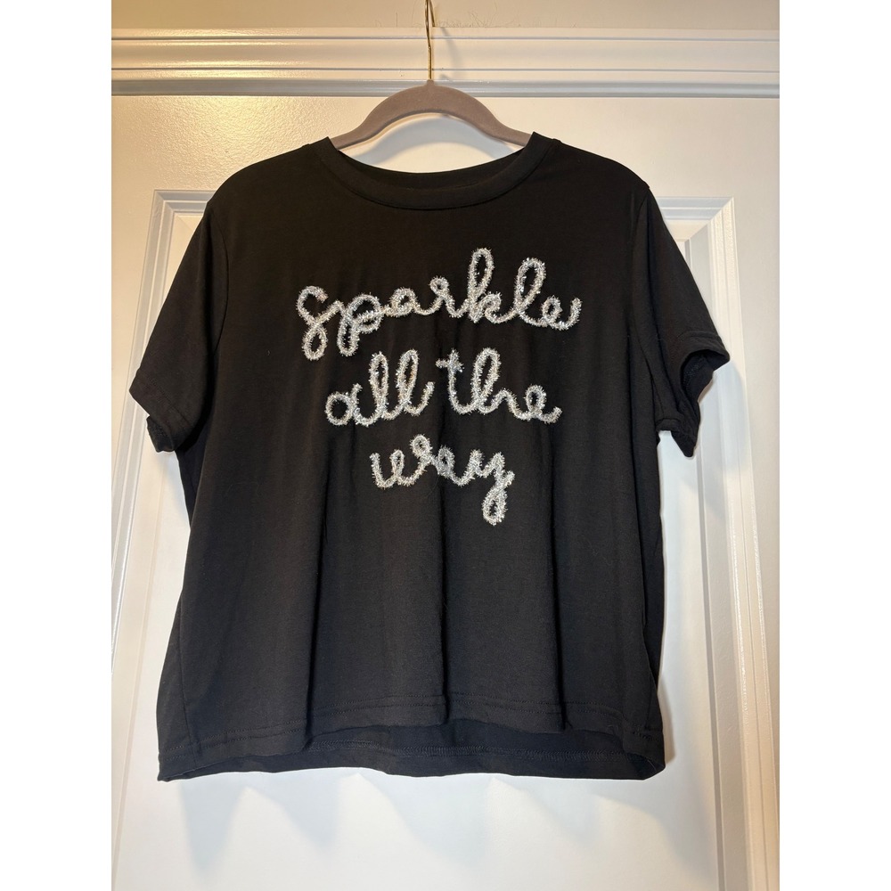 Sugar & Diamonds Black Sparkle All The Way Silver Tinsel Graphic Tee -Medium